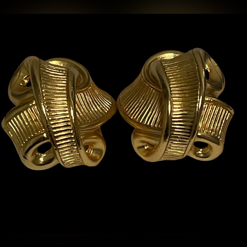 GIVENCHY Earrings Gold Plated Clip On Textured Ribbon Design 1980's